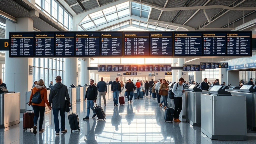 Modern airport terminal interior with departure boards, travelers with luggage checking in at airline counters, natural lighting from large windows, professional travel environment atmosphere