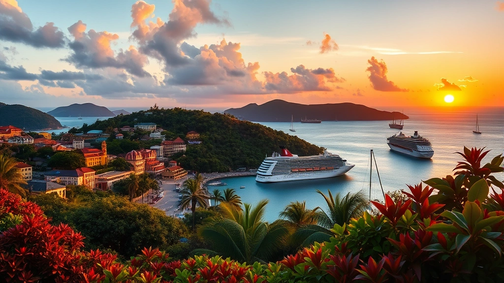 Beautiful sunset over Caribbean cruise ships and sailboats anchored in St. Thomas harbor with colorful colonial buildings on hillside and vibrant tropical vegetation in foreground