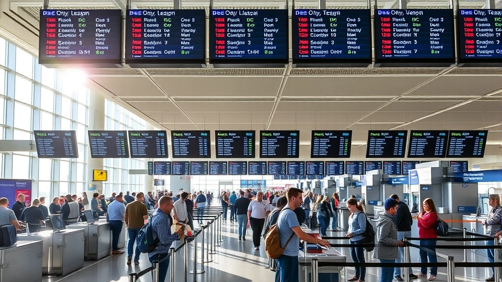 busy Boston Logan International Airport terminal with travelers checking in at counters and digital departure boards showing DC flights, natural daylight streaming through windows