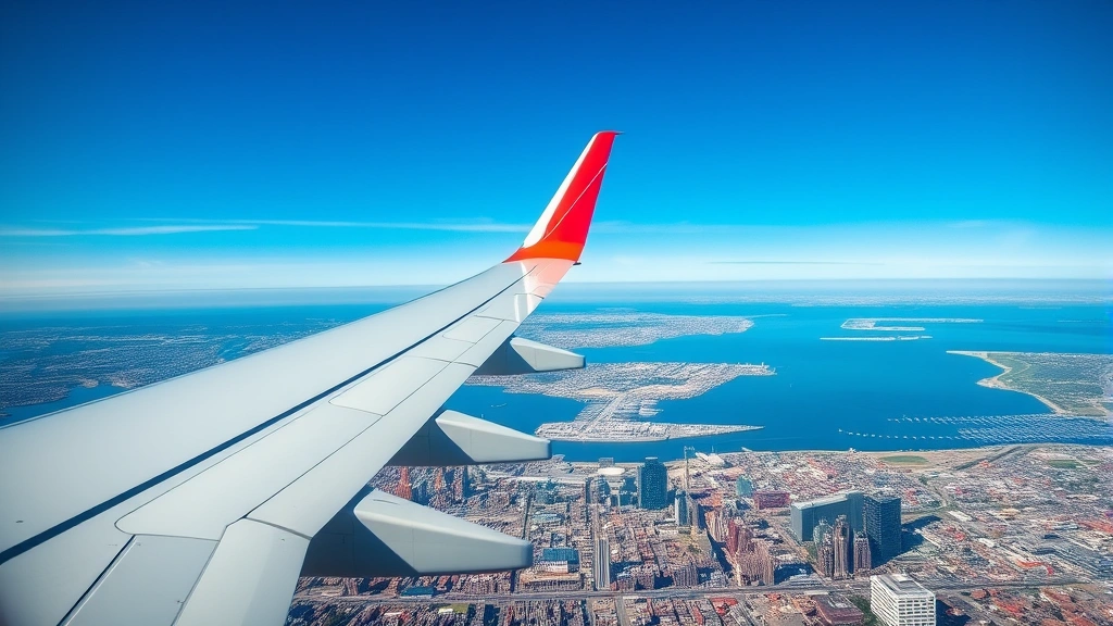 aerial view of Boston cityscape with airplane wing in foreground approaching Boston airport, harbor and downtown buildings visible below