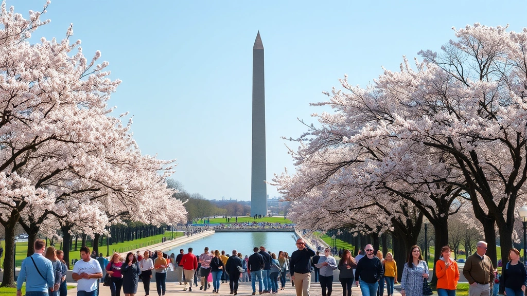 Washington DC iconic view with Washington Monument and cherry blossoms in spring, tourists enjoying outdoor space near memorials