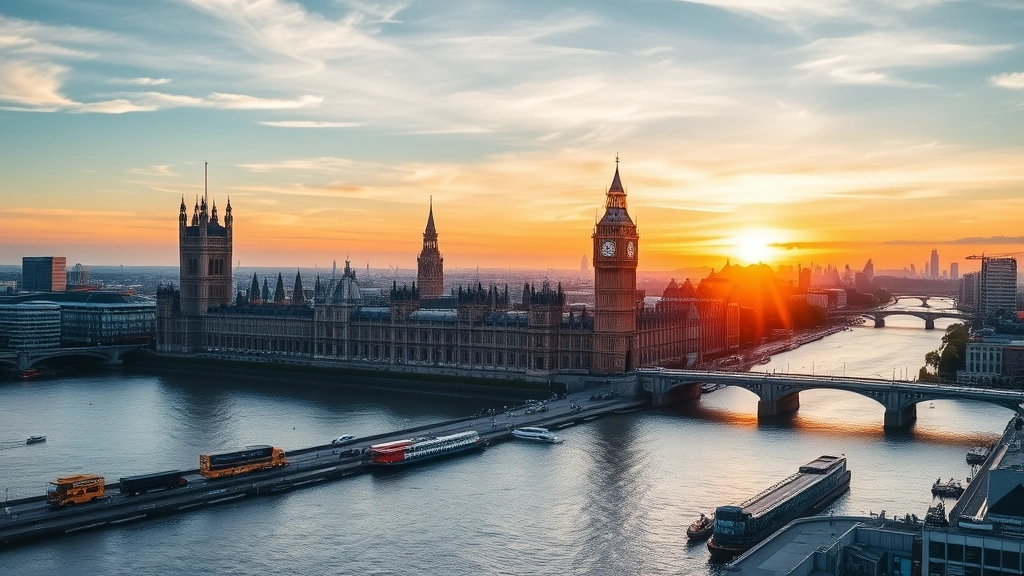 Aerial view of London skyline featuring Big Ben, Houses of Parliament, and Thames River at sunset, golden hour lighting, cityscape panorama, no text or signage visible, photorealistic travel destination imagery