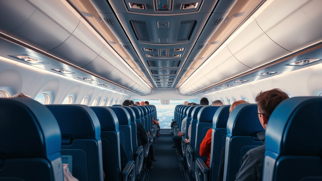 Interior cabin view of modern commercial aircraft during flight, passengers in seats with window views of clouds below, blue airline seating, realistic transatlantic flight experience, overhead compartments visible