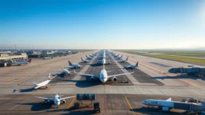 Aerial view of Boston Logan International Airport with aircraft lined up on runway in morning light, clear blue sky, ground crew visible, commercial jets parked at gates