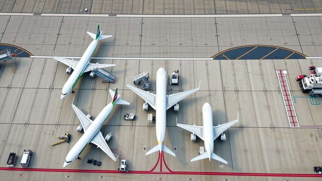 Overhead shot of multiple commercial airplanes on tarmac at busy airport terminal, runway markings, service vehicles, jet bridges connected to aircraft