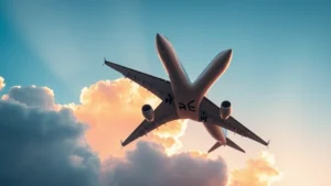 Modern commercial airplane ascending through clouds at sunrise, shot from below angle showing fuselage and wings, clear blue sky background, dynamic upward motion, professional aviation photography