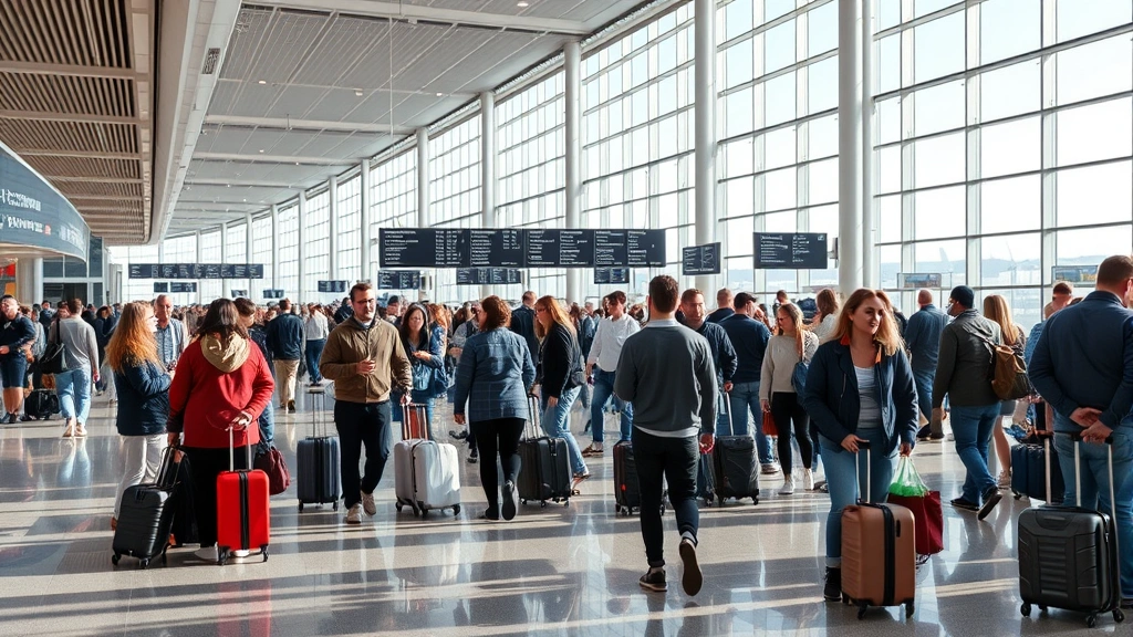 Busy airport terminal departure hall with travelers with luggage, modern architecture with large windows, natural daylight, diverse passengers checking departure boards, bustling travel scene