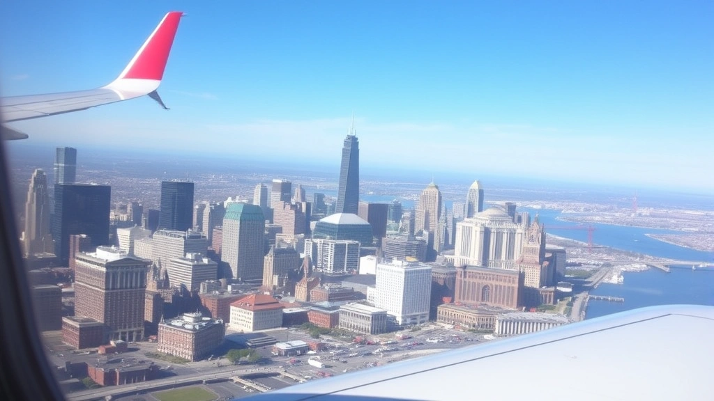 Boston skyline with historic architecture visible from airplane window, cityscape view from cruising altitude, clear weather, recognizable landmarks, aerial perspective of New England city