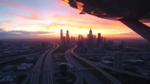 Aerial view of Dallas skyline with modern skyscrapers and highways at sunset, cityscape perspective from aircraft window