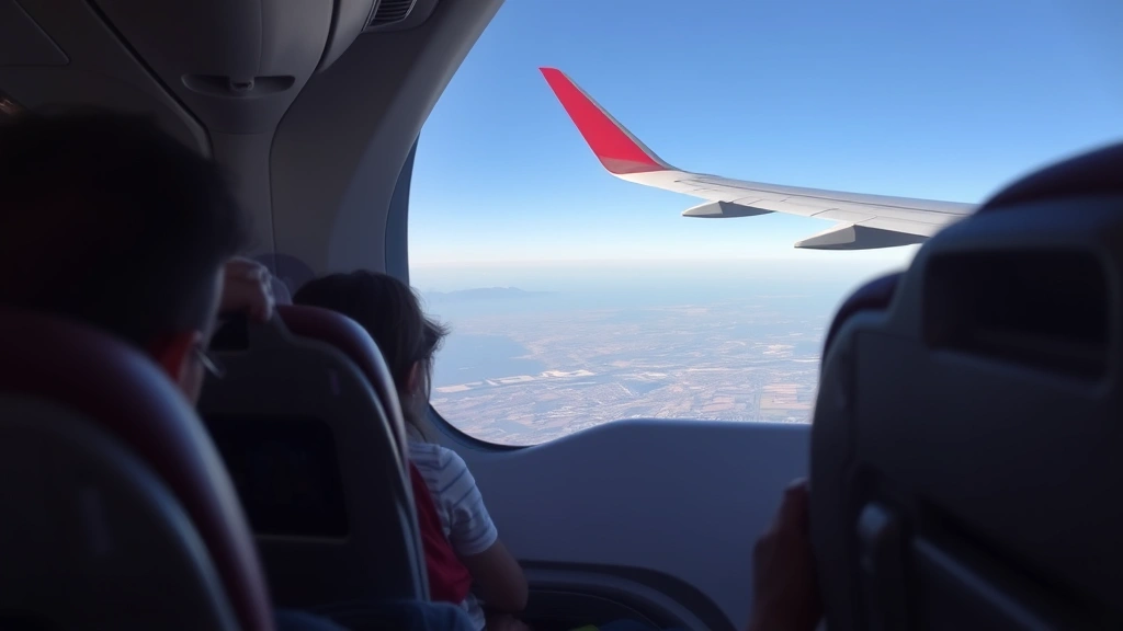 Commercial airplane interior cabin during flight with passengers seated, wing visible through window over landscape below