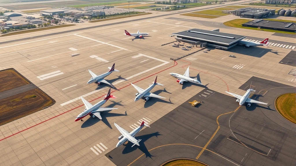 Photorealistic aerial view of Albany International Airport with regional jets on tarmac, clear daylight, modern terminal building visible, professional airport infrastructure photography