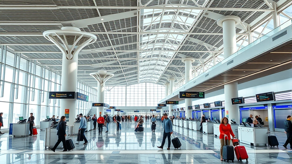 Photorealistic image of Orlando International Airport terminal interior showing modern check-in counters, travelers with luggage, bright contemporary architecture, busy airport atmosphere