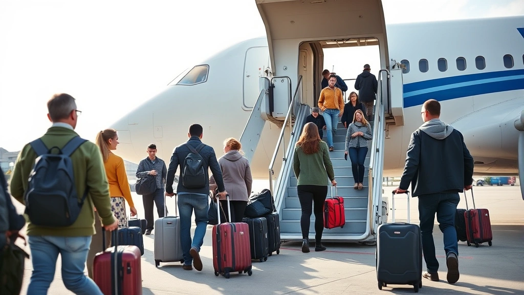 Photorealistic photo of passengers boarding a commercial aircraft via jet bridge, travelers with carry-on luggage in queue, modern aircraft exterior visible, professional airline operations scene