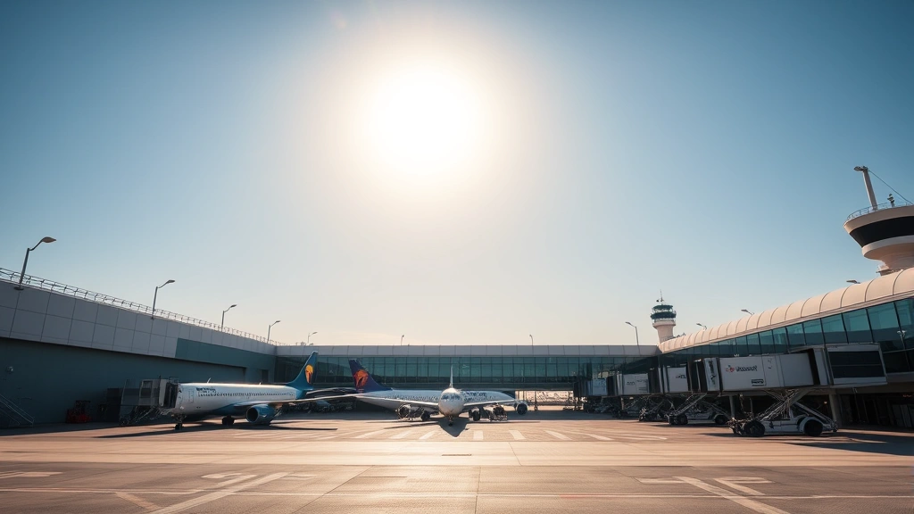 Hartsfield-Jackson Atlanta International Airport exterior terminal building with multiple aircraft at gates, sunny morning light, modern architecture visible, ground-level perspective showing scale