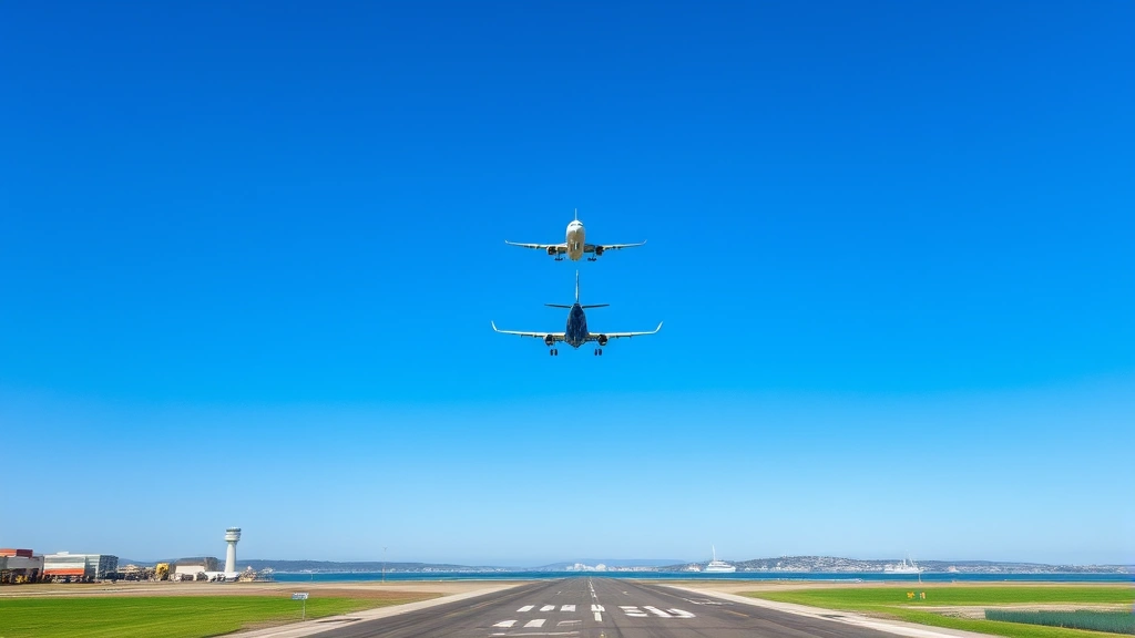 Boston Logan International Airport runway view with jet taking off over harbor water, commercial aircraft ascending into clear blue sky, waterfront landscape in background