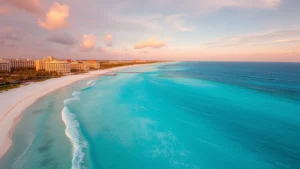 Aerial view of turquoise Caribbean waters and white sandy beaches of Cancun with resort buildings and palm trees visible from above during golden hour sunset