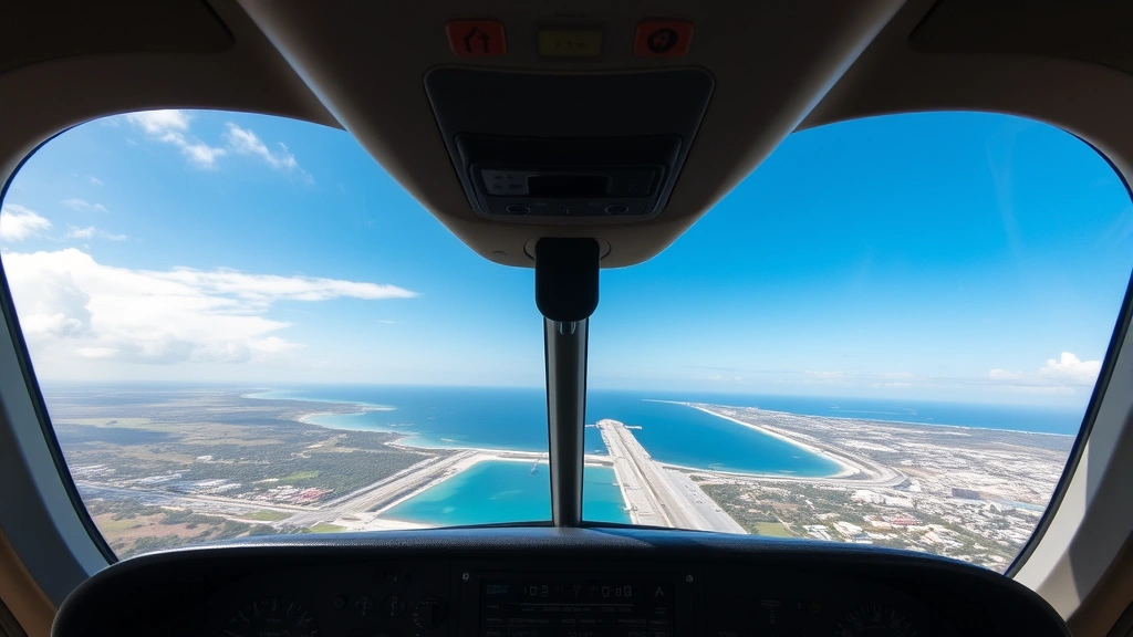 Modern aircraft cockpit view approaching Cancun International Airport with tropical landscape and coastal waters visible below through windscreen