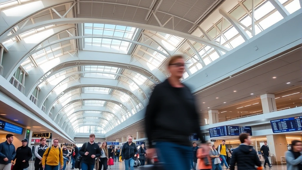 Bustling Hartsfield-Jackson Atlanta International Airport terminal interior with travelers walking, modern architecture, skylights, and departure boards visible