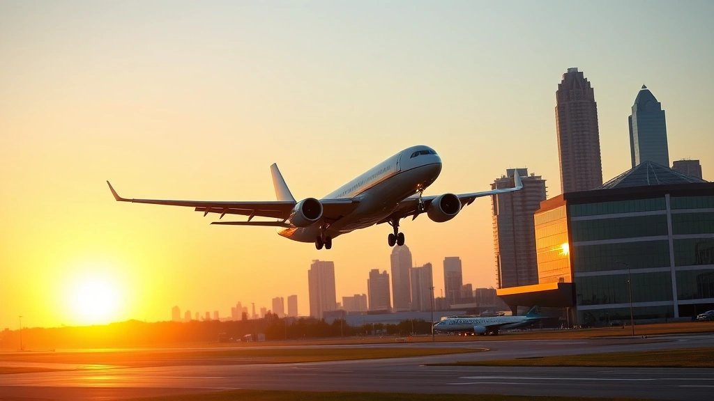 Modern commercial aircraft taking off from Atlanta airport runway at sunrise with city skyline in background, dynamic motion, golden hour lighting, clear blue sky