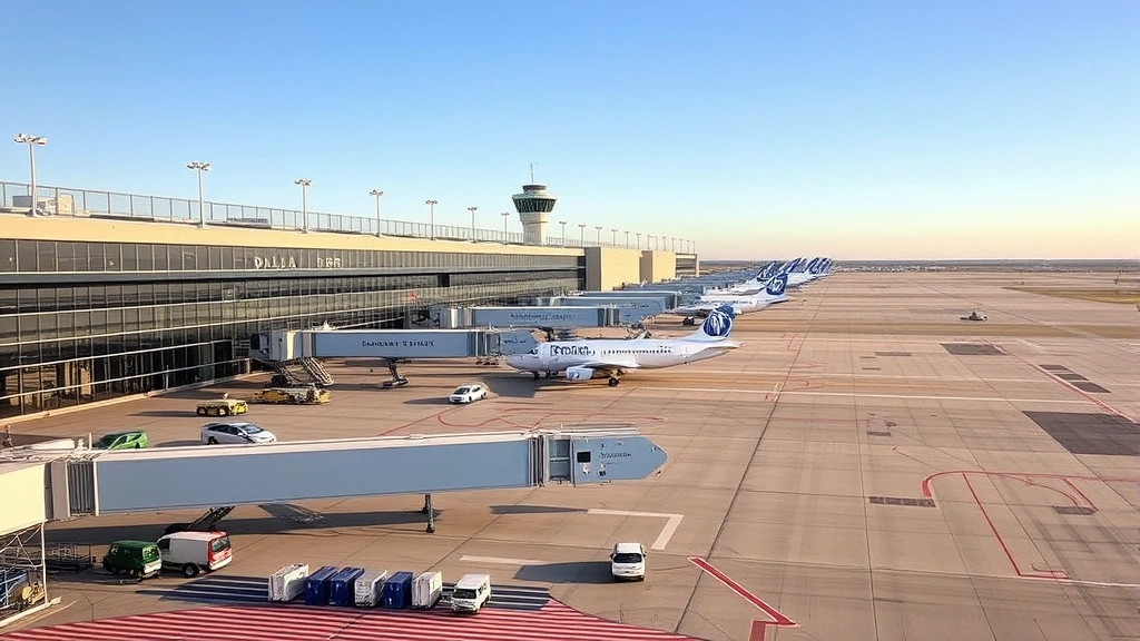 Dallas-Fort Worth airport terminal exterior with modern architecture, planes at gates, ground vehicles, and vast tarmac area, professional aviation setting, daytime clear weather
