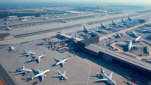Aerial view of Atlanta Hartsfield-Jackson International Airport with multiple aircraft parked at gates, showing the sprawling terminal complex and runway infrastructure during daytime, photorealistic