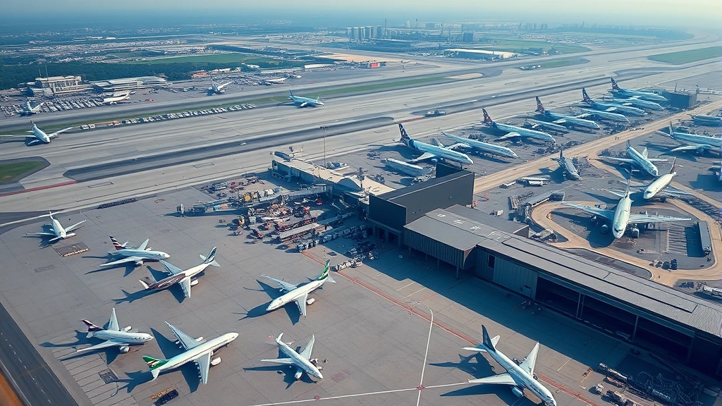 Aerial view of Atlanta Hartsfield-Jackson International Airport with multiple aircraft parked at gates, showing the sprawling terminal complex and runway infrastructure during daytime, photorealistic