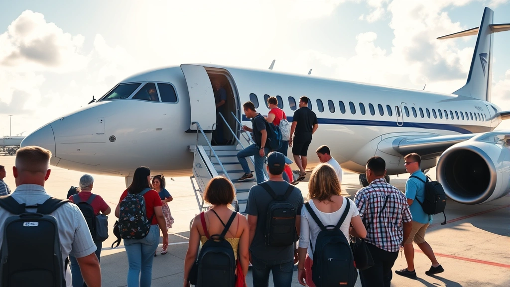 Passengers boarding a commercial aircraft at Fort Lauderdale Airport with ground crew visible, sunny Florida atmosphere, aircraft door open with stairs deployed, natural lighting