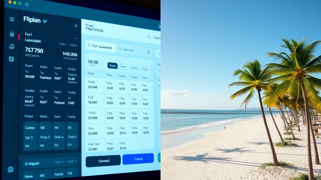 Split-screen comparison showing digital flight booking interface on left with price charts and calendar, Fort Lauderdale beach coastline with palm trees on right, modern travel planning aesthetic