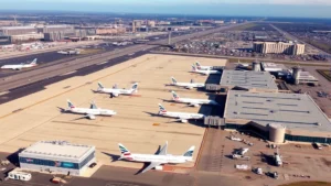 Aerial view of Newark Liberty International Airport with aircraft parked at gates, New Jersey landscape visible, modern airport terminal buildings, sunny daytime