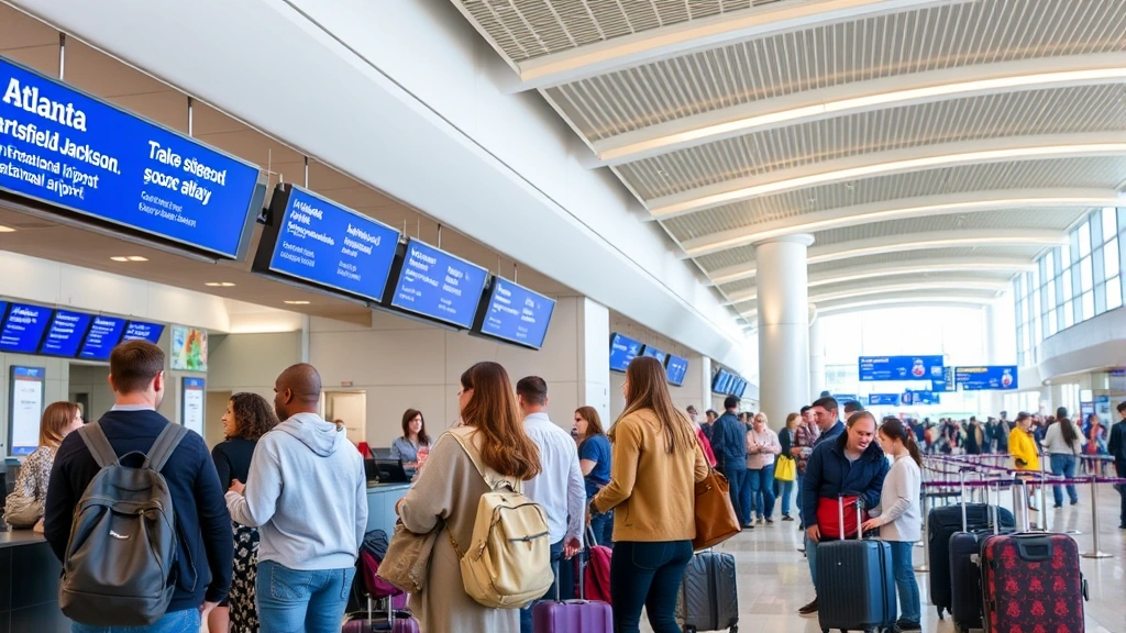 Passengers checking in at Atlanta Hartsfield-Jackson International Airport ticket counter, diverse travelers with luggage, modern airport interior with blue signage, busy terminal