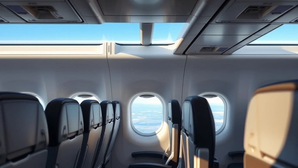 Interior of modern commercial aircraft cabin with empty economy seats, overhead bins, windows showing clouds during flight over Northeast corridor landscape