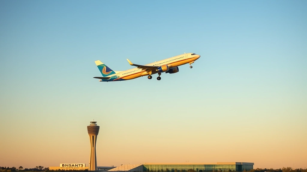 Modern commercial aircraft taking off from Austin-Bergstrom airport at sunrise, clear blue Texas sky, professional aviation photography