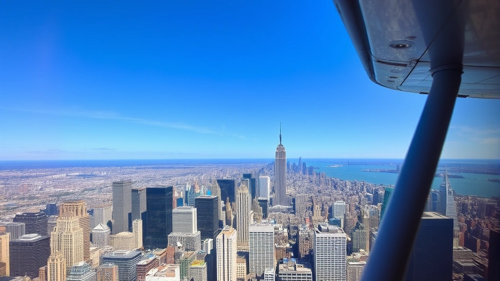 Bustling New York City skyline with Manhattan skyscrapers and Hudson River, aerial view from airplane window showing urban landscape