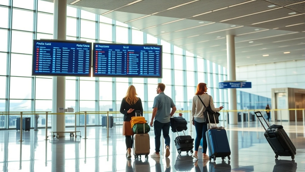 Travelers with luggage at airport gate terminal, checking flight information board, modern airport interior with natural lighting