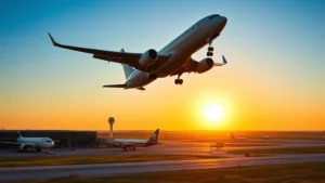 Modern commercial aircraft taking off from Austin-Bergstrom International Airport during golden hour sunrise, with vibrant Texas landscape visible below, clear blue sky