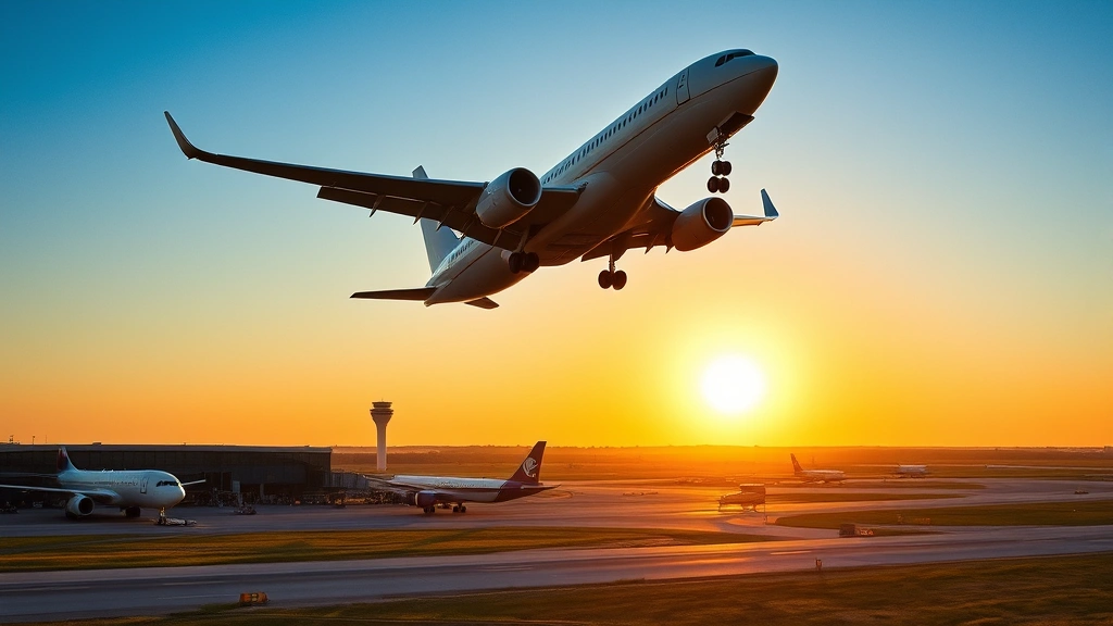 Modern commercial aircraft taking off from Austin-Bergstrom International Airport during golden hour sunrise, with vibrant Texas landscape visible below, clear blue sky