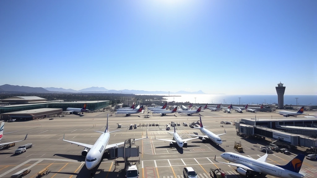 San Diego International Airport terminal with aircraft parked at gates, coastal California hills and Pacific Ocean visible in background, bright sunny weather