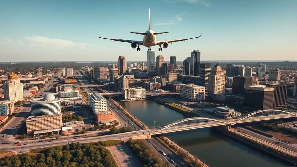 Overhead view of Austin city skyline with Congress Avenue Bridge and Colorado River visible, commercial airplane flying overhead on approach, daytime aerial perspective