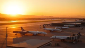 Aerial view of Boise airport tarmac with commercial aircraft parked at gates during golden hour sunset, mountains visible in background, photorealistic travel photography