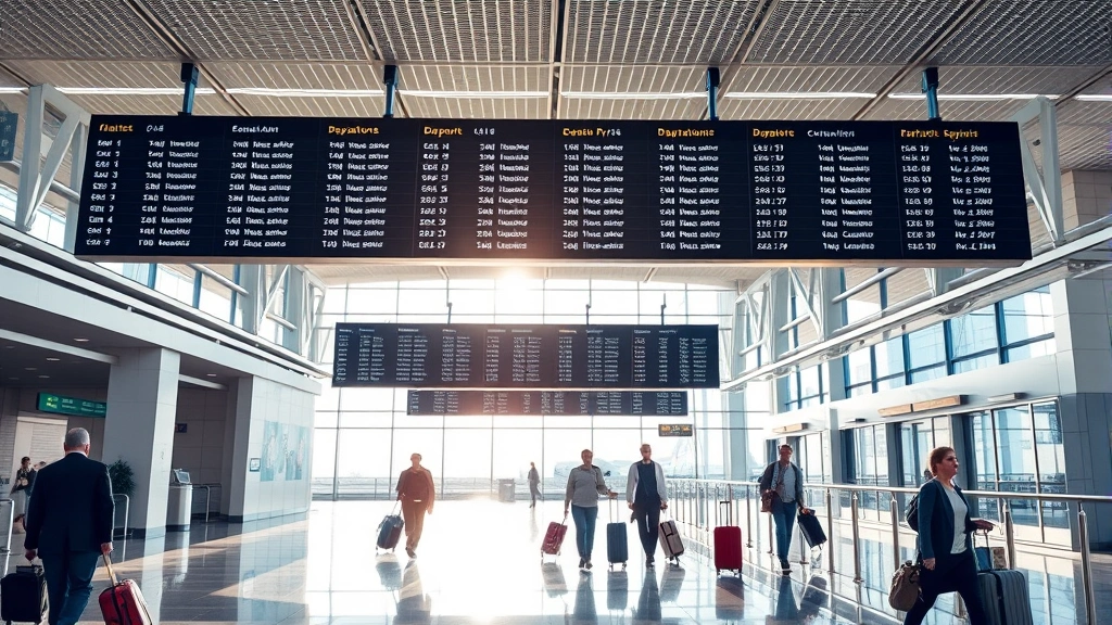 Modern airport terminal interior showing departure board and travelers walking with luggage near gates, bright natural lighting, professional travel photography style