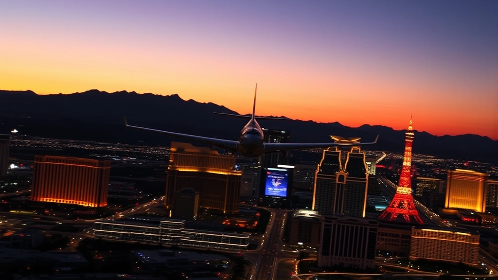 Las Vegas Strip skyline at dusk with airplane descending toward Harry Reid International Airport in foreground, city lights beginning to illuminate, photorealistic aviation perspective
