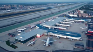 Aerial view of Boston Logan International Airport with aircraft parked at gates, modern terminal buildings visible, clear daytime lighting showing runway infrastructure