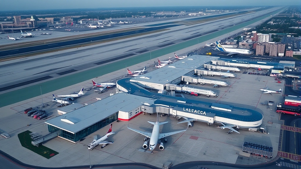 Aerial view of Boston Logan International Airport with aircraft parked at gates, modern terminal buildings visible, clear daytime lighting showing runway infrastructure