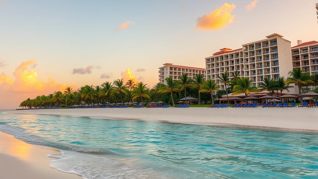 Tropical Cancun beach resort with white sand, crystal clear turquoise water, palm trees, and modern resort buildings in background during golden hour sunset