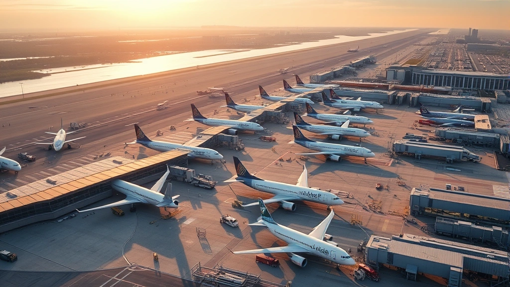 Aerial view of Boston Logan International Airport with multiple commercial aircraft parked at gates, morning sunlight, bustling tarmac activity, photorealistic