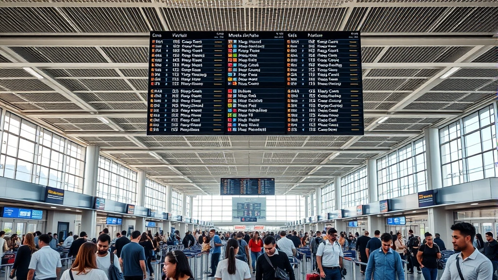 Interior of modern airport terminal showing travelers at check-in counters with flight information displays above, busy but orderly atmosphere, natural lighting