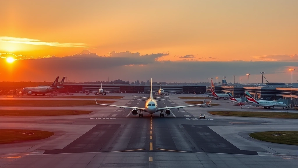 Hartsfield-Jackson Atlanta International Airport exterior with aircraft on runway during golden hour sunset, expansive tarmac, multiple planes in view