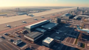 Aerial view of Boston Logan International Airport (BOS) with modern terminal buildings, runway infrastructure, and commercial aircraft in morning light, photorealistic travel photography