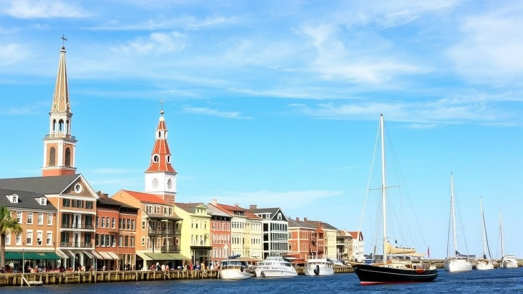 Charleston Harbor waterfront with historic district buildings, church steeples, and sailboats with blue sky, representing the Charleston SC destination for travelers