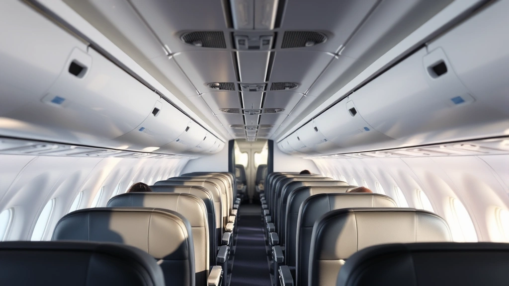 Interior of commercial aircraft cabin showing empty seats, overhead bins, and aisle during daytime flight, representing domestic air travel comfort